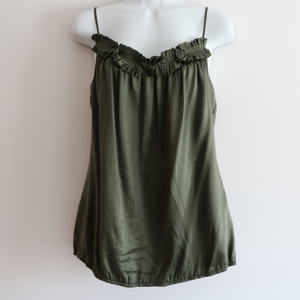 Elie Tahari Green Silk Tank with Ruffle Detail